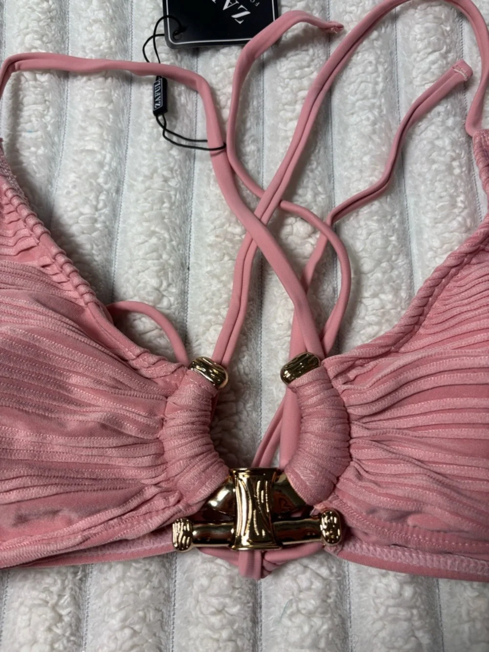 Zaful Pink Ruched Bikini Set with Gold Hardware